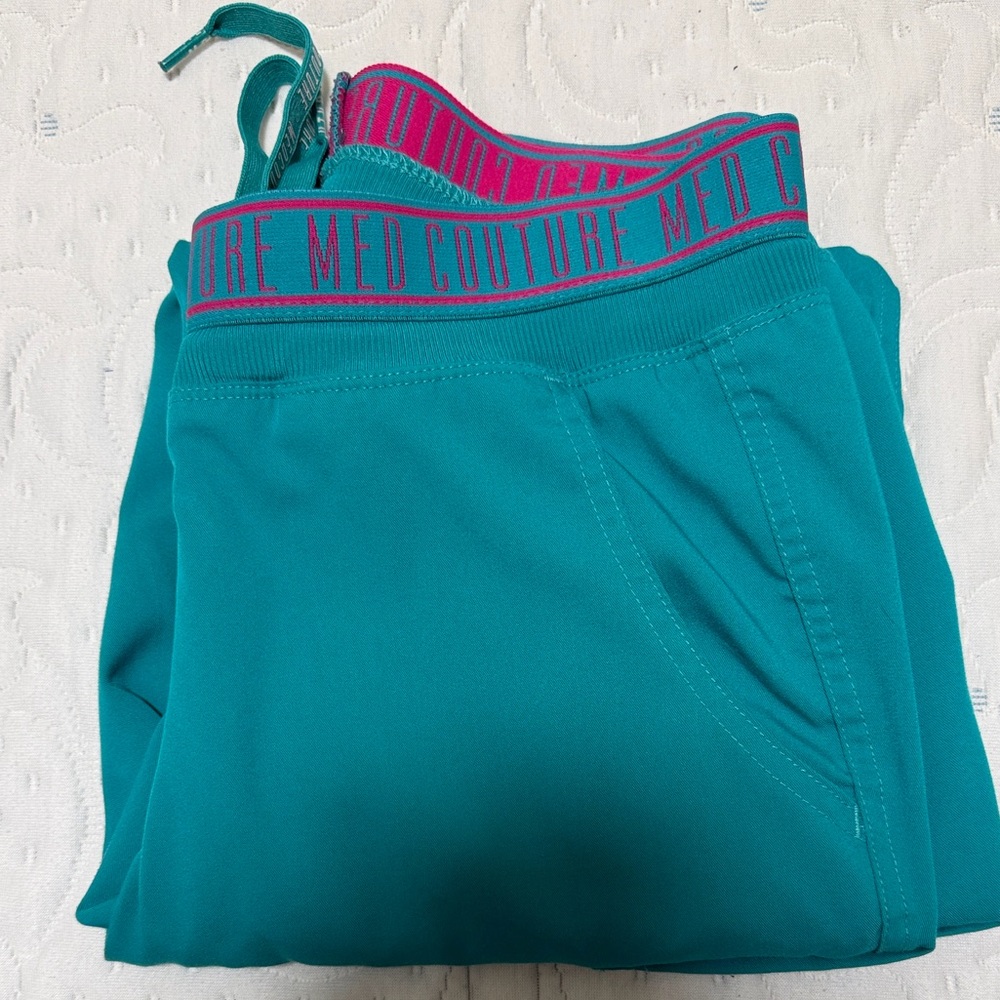 Med Couture Teal Scrub Pants with Pink Accents